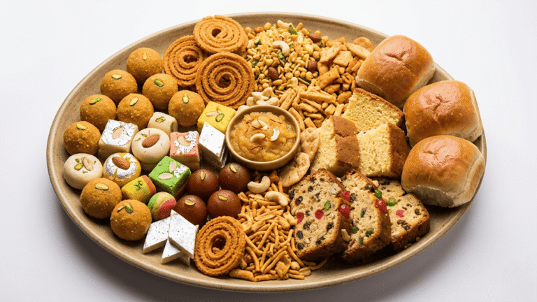 "Assorted Indian sweets and bakery items platter including laddoos, barfi, savory snacks, buns, and cake."